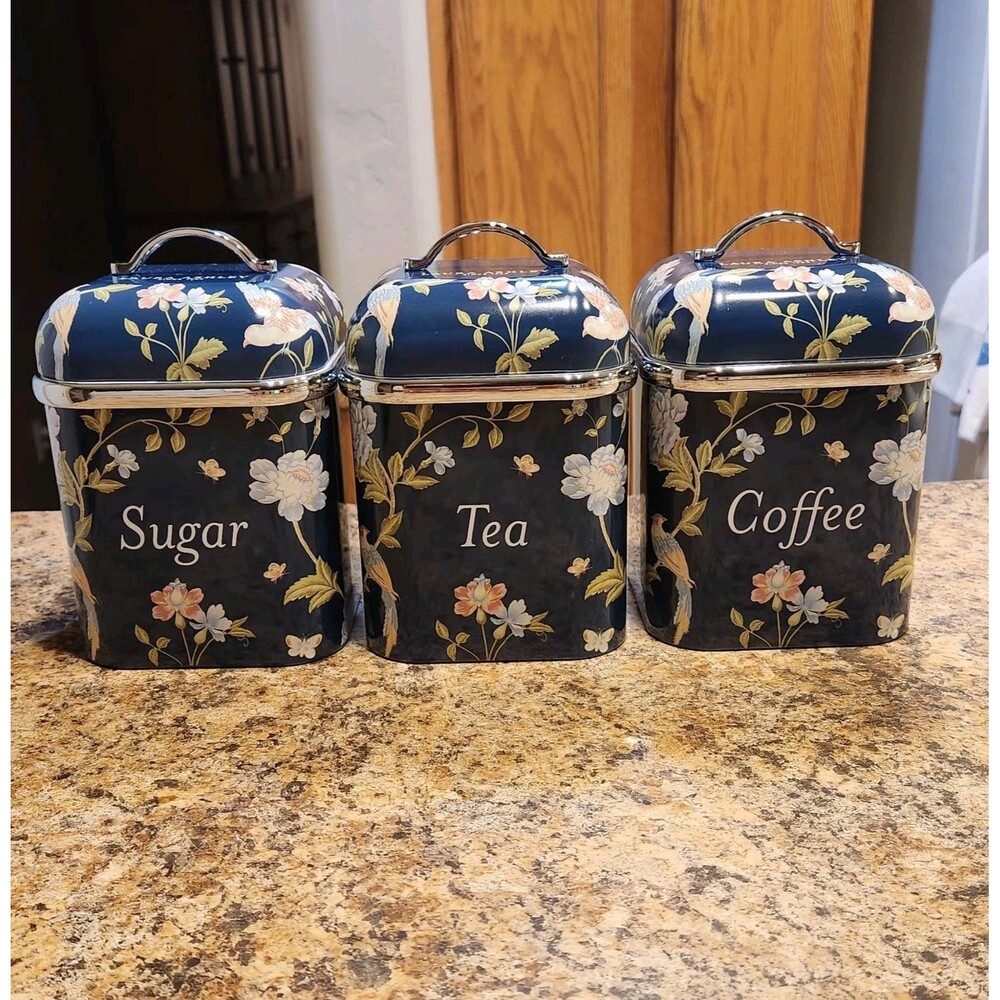 Laura Ashley Blue Floral Metal Square Coffee Tea Sugar Canister Set of 3